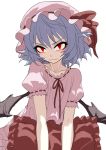  1girl bangs bat_wing blue_hair closed_mouth collarbone fangs fkey hat hat_ribbon highres looking_at_viewer mob_cap pillow puffy_short_sleeves puffy_sleeves red_eyes red_ribbon remilia_scarlet ribbon short_sleeves simple_background smile solo touhou white_background 