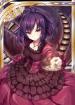  1girl akkijin candle candle_wax candlelight candlestand card_(medium) corset dress film_strip looking_at_viewer purple_dress purple_hair shinkai_no_valkyrie short_hair violet_eyes 