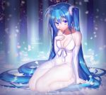  1girl 2017 absurdres anniversary bangs blue_eyes blue_hair breasts bridal_gauntlets chou_negi cleavage covered_navel dated dress eyebrows_visible_through_hair full_body hatsune_miku highres long_hair looking_at_viewer seiza sitting smile solo twintails very_long_hair vocaloid white_dress 
