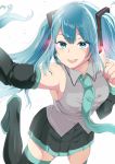  1girl :d absurdres armpits bare_shoulders black_legwear blue_eyes blue_hair breasts detached_sleeves hatsune_miku headphones highres long_hair looking_at_viewer necktie open_mouth skirt smile solo teeth thigh-highs twintails vocaloid yac_(mokkori) 