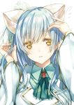  1girl absurdres animal_ears arm_up ascot bangs blue_hair blush cat_ears character_request collared_shirt eyebrows_visible_through_hair flying_sweatdrops green_shirt hand_up highres light_smile long_hair looking_at_viewer parted_lips saijou_haruki shirt sidelocks simple_background smile solo uniform white_background yellow_eyes 