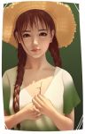  1girl braid breasts brown_hair cleavage closed_mouth collarbone eyebrows_visible_through_hair hat jun_luo long_hair medium_breasts original red_eyes shirt short_sleeves solo straw_hat twin_braids upper_body white_shirt 