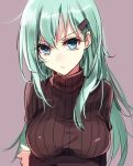  1girl alternate_costume aosaki_yukina aqua_hair blue_eyes breast_hold breasts crossed_arms hair_ornament hairclip kantai_collection large_breasts long_hair looking_at_viewer ribbed_sweater solo suzuya_(kantai_collection) sweater turtleneck upper_body 