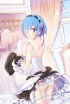  1girl ass blue_eyes blue_hair blush breasts corset cowboy_shot dress_removed dressing eyebrows_visible_through_hair frilled_panties frills hair_ribbon indoors looking_at_viewer looking_back medium_breasts panties pink_ribbon re:zero_kara_hajimeru_isekai_seikatsu rem_(re:zero) ribbon short_hair sideboob solo sparkle standing underwear uni_(pixiv11995116) white_panties 