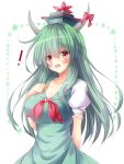  1girl blue_hair blush bow breasts cleavage collarbone ex-keine eyebrows_visible_through_hair green_hair hand_on_own_chest hat highres horns kamishirasawa_keine large_breasts long_hair looking_at_viewer multicolored_hair open_mouth osashin_(osada) puffy_short_sleeves puffy_sleeves red_bow red_eyes short_sleeves solo touhou translation_request 