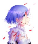  1girl blood blood_on_face blue_eyes blue_hair breasts choker cleavage detached_sleeves eyebrows_visible_through_hair highres horn looking_up open_mouth petals re:zero_kara_hajimeru_isekai_seikatsu rem_(re:zero) short_hair simple_background small_breasts solo white_background zqzqy 
