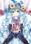  1girl black_legwear black_skirt blue_eyes blue_hair blue_necktie blush bouquet chair closed_mouth detached_sleeves eyebrows_visible_through_hair flower hair_flower hair_ornament hatsune_miku highres holding holding_bouquet long_hair looking_at_viewer necktie sitting skirt smile solo thigh-highs twintails vocaloid yorarry 