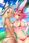  2girls animal_ears ass bare_arms beach bikini blonde_hair blue_eyes blue_sky breasts cleavage clouds cloudy_sky clover dark_skin day elphelt_valentine four-leaf_clover fujisaki_(hjsk) guilty_gear guilty_gear_xrd hat heart-shaped_sunglasses innertube looking_at_viewer medium_breasts multiple_girls navel one_eye_closed orange_eyes outdoors palm_tree pink-framed_eyewear pink_hair rabbit_ears ramlethal_valentine red_bikini sky smile summer sunglasses sunglasses_on_head swimsuit thigh_gap tree v white_bikini 