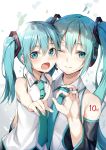  2girls alexmaster aqua_eyes aqua_hair cheek-to-cheek detached_sleeves dual_persona hatsune_miku headset highres long_hair looking_at_viewer multiple_girls nail_polish necktie one_eye_closed open_mouth smile twintails vocaloid younger 