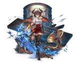  1girl bangs black_legwear blazer breasts brown_hair dragon_horns dragon_tail dragon_wings fire full_body granblue_fantasy grea_(shingeki_no_bahamut) horns instrument jacket large_breasts looking_at_viewer minaba_hideo official_art pointy_ears red_eyes shirt shoes short_hair skirt solo tail thigh-highs torn_clothes transparent_background trombone violin wings 