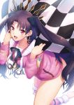  1girl black_bow black_hair black_ribbon bow checkered checkered_flag earrings fate/grand_order fate_(series) fur_trim hair_bow hoop_earrings ishtar_(fate/grand_order) ishtar_(swimsuit_rider)_(fate) jewelry long_hair looking_at_viewer open_mouth pink_eyes ribbon shashimo single_thighhigh solo thigh-highs tohsaka_rin twintails 