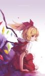  1girl absurdres blonde_hair blush flandre_scarlet hair_ribbon highres looking_away parted_lips red_eyes red_ribbon reset ribbon short_hair short_ponytail side_ponytail sitting solo touhou wings 