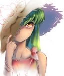  1girl brown_eyes c.c. code_geass green_hair hat hat_over_one_eye hein27 long_hair simple_background sketch solo straw_hat upper_body white_background 