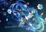  1girl aqua_eyes aqua_hair bangs boots detached_sleeves flower full_body hatsune_miku highres long_hair matsuda_toki nail_polish necktie open_mouth outstretched_arm skirt solo thigh-highs thigh_boots twintails very_long_hair vocaloid 