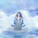  1girl alternate_costume bare_shoulders blue_eyes blue_hair bouquet clouds cloudy_sky detached_sleeves dress fire_emblem fire_emblem:_kakusei flower hachiyuki highres light_rays looking_at_viewer lucina partially_submerged rainbow sitting sky smile solo sparkle symbol-shaped_pupils tiara water wedding_dress wet white_dress 