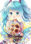  1girl anniversary aqua_eyes aqua_hair bangs blush character_name commentary eyebrows_visible_through_hair flower hatsune_miku highres holding kuune_rin long_hair looking_to_the_side open_mouth shirt signature simple_background skirt sleeveless sleeveless_shirt smile solo sunflower tattoo twintails upper_body vocaloid 
