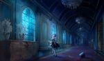  1girl ball_and_chain blood blue_eyes blue_hair chains chandelier choker detached_sleeves full_body hair_between_eyes hair_ribbon hallway head_tilt head_wreath highres holding holding_weapon indoors inside looking_at_viewer looking_back luciana1 pink_ribbon re:zero_kara_hajimeru_isekai_seikatsu red_carpet rem_(re:zero) ribbon short_hair solo standing vase weapon white_flower 