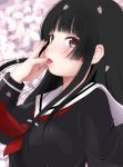  1girl bangs black_hair black_serafuku blunt_bangs breasts commentary_request enma_ai eyebrows_visible_through_hair finger_licking from_side jigoku_shoujo kozue_akari large_breasts licking long_hair neckerchief open_mouth petals red_eyes red_neckerchief school_uniform serafuku solo tongue tongue_out upper_body wind 