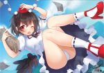  1girl bangs bare_legs black_hair black_skirt black_wings blue_sky breasts dated feathered_wings hair_ornament hairclip hat high_heels highres miniskirt natsuki_(ukiwakudasai) newspaper one_eye_closed open_mouth outdoors panties pantyshot pointy_ears pom_pom_(clothes) red_eyes red_shoes shameimaru_aya shoes short_hair skirt sky socks solo tokin_hat touhou underwear upskirt white_legwear white_panties wings 