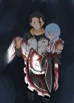  1boy 1girl absurdres apron black_eyes black_hair black_pants black_shirt black_skirt blood blood_on_face bloody_clothes blue_hair carrying closed_eyes collarbone detached_sleeves frilled_skirt frills highres jacket natsuki_subaru pants princess_carry re:zero_kara_hajimeru_isekai_seikatsu rem_(re:zero) shirt short_hair skirt standing torn_clothes torn_sleeves white_apron white_legwear 