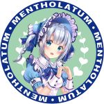  1girl blue_eyes blush bonnet eyebrows_visible_through_hair heart heart_hands highres looking_at_viewer mentholatum mentholatum_girl moyon open_mouth puffy_short_sleeves puffy_sleeves short_hair short_sleeves short_twintails silver_hair smile solo twintails upper_body 