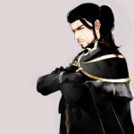  1boy beard black_clothes black_hair cape capelet crossed_arms facial_hair final_fantasy final_fantasy_xv formal gladiolus_amicitia gloves long_hair machida-machiko male_focus older ponytail scar solo 