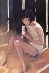  1girl absurdres barefoot black_eyes black_hair flat_chest highres sand sandals shirt short_hair shorts sitting solo takamichi white_shirt 