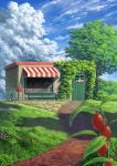  absurdres blue_sky blurry_foreground bush clouds cloudy_sky commentary_request day door english fantasy flower food fruit grass highres no_humans original outdoors path plant postbox road scenery shop sign sky suzu_(susan_slr97) tree 