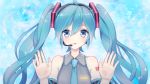  1girl against_glass ahoge akiyoshi_(tama-pete) arm_tattoo bare_shoulders beamed_semiquavers black_hairband blue_background blue_eyes blue_hair blue_necktie commentary_request detached_sleeves grey_shirt hair_between_eyes hair_ornament hairband hands_up hatsune_miku headset light_smile long_hair long_sleeves musical_note necktie number_tattoo palms parted_lips quaver shirt sleeveless sleeveless_shirt solo tareme tattoo twintails upper_body very_long_hair vocaloid 