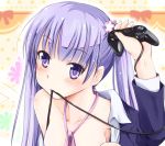 1girl arino_hiroshi blush breasts collarbone eyebrows_visible_through_hair holding long_hair mouth_hold neck_ribbon new_game! pink_ribbon purple_hair ribbon sideboob small_breasts solo suzukaze_aoba twintails upper_body violet_eyes 