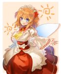  1girl :d ascot bangs blue_eyes blush eyebrows_visible_through_hair fairy_wings fang juliet_sleeves long_sleeves looking_at_viewer open_mouth orange_hair puffy_sleeves rin_falcon sash short_twintails smile solo sunny_milk touhou twintails wide_sleeves wings 