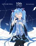  1girl aqua_hair black_legwear blush closed_eyes crying detached_sleeves hand_on_own_chest hatsune_miku headset long_hair looking_at_viewer necktie open_mouth popuru skirt sleeveless solo tears thigh-highs twintails vocaloid 