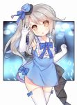  &gt;:o 1girl :o bangs blue_bow blue_dress blue_hat blue_ribbon blush bow bow_dress bow_legwear brown_eyes collared_dress commentary_request dress elbow_gloves eyebrows_visible_through_hair frills glove_bow gloves grey_hair hat hat_ribbon head_tilt long_hair looking_at_viewer mini_hat ning_hai_(zhan_jian_shao_nyu) parted_lips ribbon side_ponytail sidelocks sleeveless sleeveless_dress solo standing tengxiang_lingnai thigh-highs v white_gloves white_legwear zhan_jian_shao_nyu 