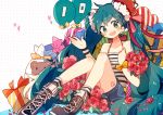  1girl :d balloon bangs black_skirt blush bouquet cross-laced_footwear crown eyebrows_visible_through_hair flower fuuko_(2679566944) hatsune_miku heart holding holding_bouquet long_hair looking_at_viewer mini_crown open_mouth polka_dot polka_dot_background red_flower round_teeth shirt shorts sitting skirt smile socks solo strapless striped striped_legwear striped_shirt stuffed_animal stuffed_toy tareme teddy_bear teeth tubetop very_long_hair vocaloid white_shirt wristband 