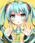  1girl ahoge anniversary aqua_eyes aqua_hair bangs character_name green_eyes hatsune_miku headset highres long_hair looking_at_viewer necktie open_mouth solo twintails twitter_username vocaloid wakatsuki_you yellow_background 
