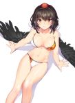  1girl bangs bare_arms bare_legs bikini black_hair black_wings breasts cibo_(killy) cleavage closed_mouth feathers hat large_breasts looking_at_viewer navel pom_pom_(clothes) red_eyes shameimaru_aya short_hair simple_background sitting smile solo stomach swimsuit tokin_hat touhou white_background white_bikini wings 