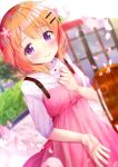  1girl bangs blurry blush breasts buttons chair closed_mouth collared_shirt commentary_request cowboy_shot day depth_of_field dress dutch_angle eyebrows_visible_through_hair flower gochuumon_wa_usagi_desu_ka? hair_flower hair_ornament hairclip hand_on_own_chest highres hoto_cocoa long_hair looking_at_viewer orange_hair outdoors petals pink_dress rouka_(akatyann) shirt short_sleeves small_breasts solo violet_eyes white_shirt window wing_collar 