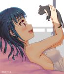  1girl :d animal bangs black_cat blue_hair blush breasts cat commentary_request eyebrows_visible_through_hair holding_cat love_live! love_live!_sunshine!! lying medium_breasts on_back open_mouth qy side_bun sideboob smile solo tsushima_yoshiko twitter_username violet_eyes 