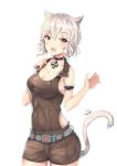  1girl animal_ears blush breasts cat_ears cat_tail character_request choker cleavage collarbone eyebrows_visible_through_hair highres large_breasts looking_at_viewer open_mouth red_eyes signature smile solo tail white_hair zhan_jian_shao_nyu zhudacaimiao 
