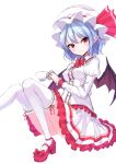  1girl bat_wings blue_hair bow bowtie breasts center_frills closed_mouth cup frilled_skirt frills hat hat_ribbon highres holding holding_cup junior27016 looking_at_viewer miniskirt mob_cap pointy_ears puffy_short_sleeves puffy_sleeves red_bow red_bowtie red_eyes red_ribbon red_shoes remilia_scarlet ribbon shoe_bow shoes short_sleeves simple_background sitting sketch skirt slit_pupils small_breasts smile solo teacup thigh-highs touhou white_background white_legwear white_skirt wings wrist_cuffs 