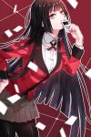  1girl black_hair black_legwear blazer checkered checkered_skirt covering_mouth hand_on_hip hime_cut jabami_yumeko jacket kakegurui kk_dingdong leaning_forward long_hair name_tag pantyhose pleated_skirt print_skirt red_eyes school_uniform skirt solo very_long_hair 