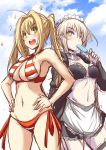  2girls :d apron artoria_pendragon_(swimsuit_rider_alter)_(fate) bikini black_bikini blonde_hair blush breasts cleavage earrings fate/grand_order fate_(series) food green_eyes hands_on_hips highres jacket jewelry long_hair maid_headdress multiple_girls navel nekoi_hikaru nero_claudius_(swimsuit_caster)_(fate) open_mouth popsicle sketch smile striped striped_bikini swimsuit teeth twintails yellow_eyes 