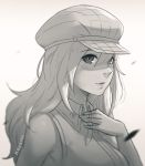  1girl alisa_ilinichina_amiella artist_name bare_shoulders blurry blush cabbie_hat closed_mouth collared_shirt commentary depth_of_field god_eater greyscale hair_between_eyes hand_on_own_chest hat koyorin lips long_hair monochrome portrait shirt sketch sleeveless sleeveless_shirt smile solo upper_body wing_collar 