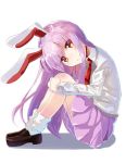  1girl animal_ears bangs brown_shoes closed_mouth collared_shirt eyebrows_visible_through_hair from_side full_body head_tilt long_hair long_sleeves looking_at_viewer necktie orange_eyes pleated_skirt purple_skirt rabbit_ears red_necktie reisen_udongein_inaba rin_falcon shirt shoes sidelocks simple_background sitting skirt smile socks solo touhou very_long_hair violet_eyes white_background white_legwear white_shirt 