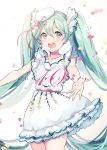  1girl anniversary dress green_eyes green_hair hat hatsune_miku jewelry long_hair necklace open_mouth solo tiny_(tini3030) twintails very_long_hair vocaloid white_dress 
