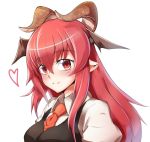  1girl bangs closed_mouth demon_horns eyebrows_visible_through_hair hair_between_eyes heart highres horns koakuma long_hair looking_at_viewer necktie pointy_ears puffy_sleeves red_eyes red_necktie redhead ryuuno_stadtfeld simple_background smile solo touhou upper_body vest white_background wing_collar 