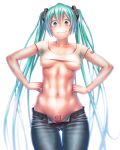  1girl abs aqua_eyes aqua_hair breasts character_name cowboy_shot denim erect_nipples green_hair hands_on_hips hatsune_miku highres jeans long_hair looking_at_viewer navel number_tattoo pants smile solo tattoo twintails under_boob very_long_hair vocaloid white_background wokada 