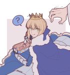  1girl ? ahoge artoria_pendragon_(all) blonde_hair blue_bow blue_dress bow braid cape crown dress eating eyebrows_visible_through_hair fate/grand_order fate/stay_night fate_(series) food fork french_braid fur_trim gauntlets green_eyes hair_bow highres liangchanxingmingrixiang licking_lips looking_at_another looking_back meat merlin_(fate/stay_night) saber tongue tongue_out 