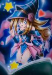  1girl blonde_hair blush_stickers book boots breasts duel_monster hat heart long_hair looking_at_viewer pentagram solo toon_dark_magician_girl wand wizard_hat yu-gi-oh! yuu-gi-ou_duel_monsters 