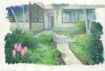  building door flower grass highres nature no_humans original outdoors path plant potted_plant road sawitou_mizuki scenery stairs traditional_media tree 